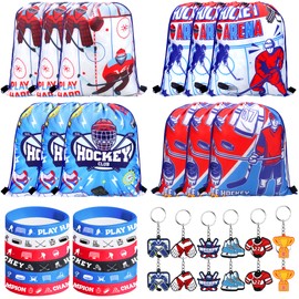LSJDEER 36 PCS Hockey Party Favors Set Include 12 Drawstring Bag, 12 Silicone Bracelet, 12 Motivational Keychain for Ice Hockey Sports Party Birthday Gift Supplies