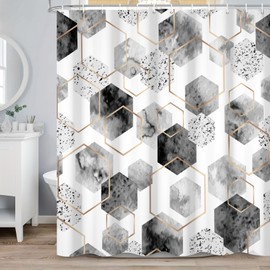 Renaiss 72x72 Inches Black and Gray Geometric Shower Curtain Modern Abstract Golden Cubic Lines Grid Pattern Minimalist Fabric Shower Curtain Sets for Bathroom Decor Waterproof Polyester with Hooks