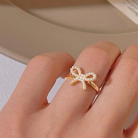 Gold Bow Rings for Women, Cute Pearl Ribbon Bowknot Ring Gift