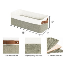 StorageWorks Narrow Storage Bins, Small Baskets for Organizing, Long Storage Basket with Handles, Fabric Storage Bins for Shelf, Green and White, 2-Pack