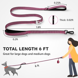 WINGOIN Heavy Duty Dog Leash for Large Medium Small Dogs, Reflective Tactical Dog Training Leash with Double Handles, Poop Bag Holder, Safety Buckle, 6FT Long Lead for Dogs Walking, Running, Pink