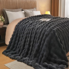 Lotus Karen King Size Faux Fur Blanket - Dark Gray, Big Bubble Rabbit Fluff, 108x90 Inches