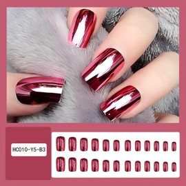 Wine Red Chrome Press on Nails Medium Square Fake Nails Wine Red Mirror Metal False Nails Acrylic Glue on Nails Glossy Full Cover Stick on Nails Shine Artificial Nails for Women 24Pcs