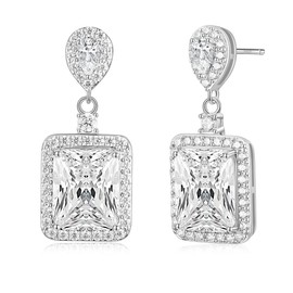 EAMTI Silver Dangle Earrings for Women Cubic Zirconia Radiant Cut Bridal 925 Sterling Silver Post Rhinestone Wedding Engagement Earring