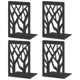 VFINE Bookends 4 Pieces, Modern Metal Bookends for Shelves, Black Tree Book Ends for Books, Decorative Book Organizer for Desk, Non-Skid Shelve Bookends for Home Office