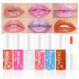 evpct 6Pcs Glossy Hydrating Lip Oil Lip Gloss Set for Woman, Nude Blue Mermaid Pink Orange Gold Holographic Glitter Shimmer Shiny Plumping Lip Oil Gloss Glosses Set Kit, Moisturizing Lipstick Lip Care