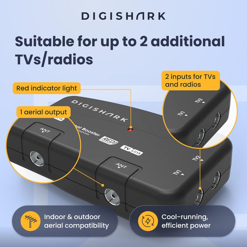 DigiShark 2 Way TV Aerial Signal Booster&Splitter Amplifier, Improves Picture
