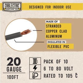 Cablectric 20 Gauge Primary Automotive Wire Assortment - 10 Roll Assortment Pack - 100 Ft of Copper Clad Aluminum Wires per Roll, 20 Gauge Stranded Copper Clad Aluminium Auto Cable