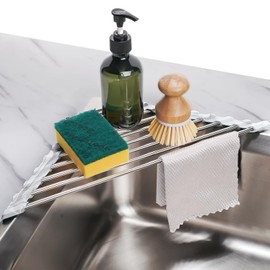 Tomorotec Marble Triangle Roll-Up Dish Drying Rack for Sink Corner - Small, Foldable, Stainless Steel, Multipurpose Kitchen Drainer Caddy, Trivet, Rustproof Organizer, Storage Shelf