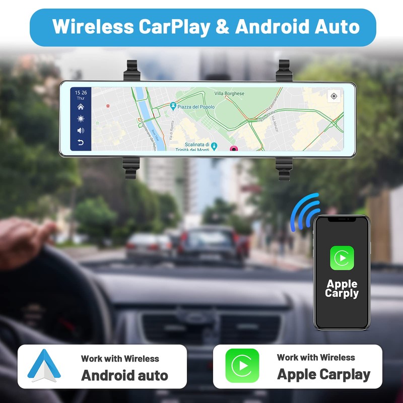 11.26 Inch Dashcam Front and Rear View Mirror Camera, Wireless
