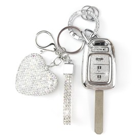 YIKECASE Key Fob Cover with Diamond Keychain Car Key Holder Case Compatible with Honda 2013-2016 Accord Crosstour 2014-2015 CR-V Civic 2016-2017 HR-V Protector for Women 4 Buttons, (Silver-Heart)