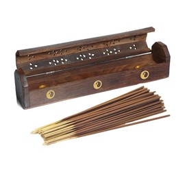 VR Angel Wooden Incense Stick Holder Storage Box With 10-15 Incense Sticks, Handmade Brown Coffin Box, Ash Catcher With Brass Inlay, Perfect for Any Occasion (Yin Yang Design)