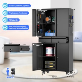 Reemoon 71" H Rolling Tool Storage Cabinet with Pegboard and 2 Drawers,Metal Garage Storage Cabinet with Wheels and Doors for Garage, Warehouse,Home,Required Assembly,Black