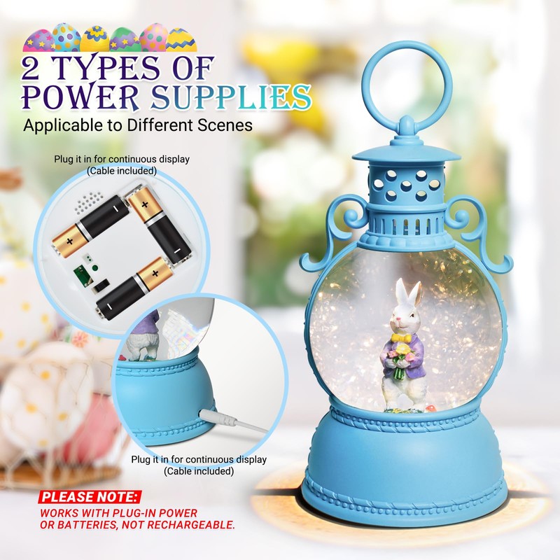 Easter Snow Globe, 9.4" Bunny Snow Lanterns with 6Hr Timer,