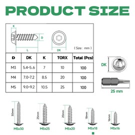 Jyvex Pack of 100 self-tapping screws stainless steel M5 x 18 mm, self-tapping screws with disc, A2 V2A Torx screws, full thread, wood screws, flat head screws with T25 drill