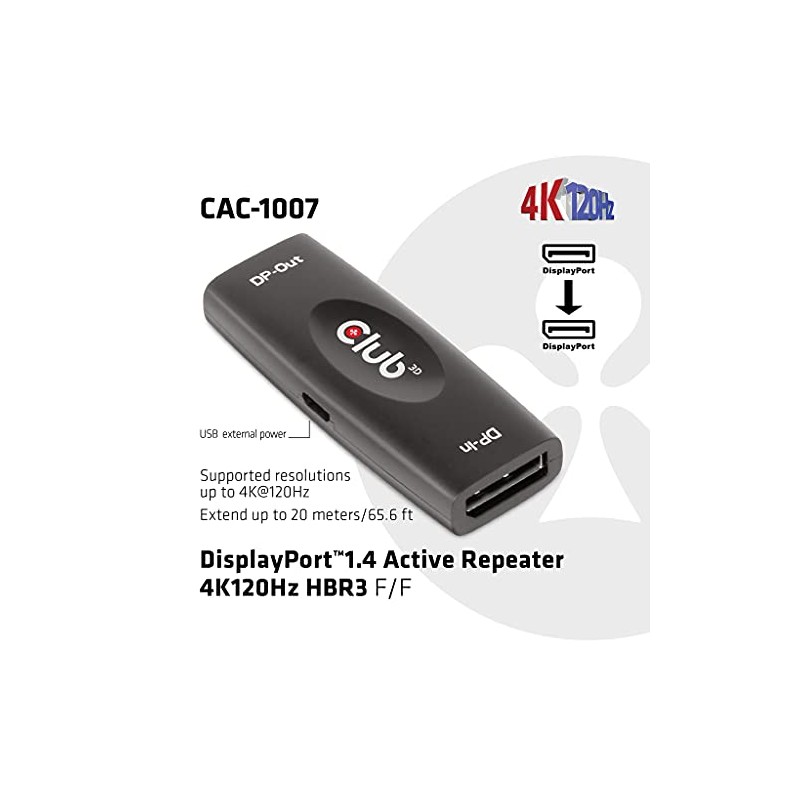 Club3D DisplayPort™ 1.4 Active Repeater/Signal Amplifier 4K120Hz HBR3 B/B