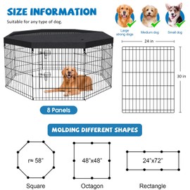 Dog Pen Pet Playpen Dog Fence Indoor Foldable Metal Wire Exercise Puppy Play Yard Pet Enclosure Indoor Outdoor 8 Panels 30 Inch with Bottom Pad/Top Cover(Black 30 top Cover)