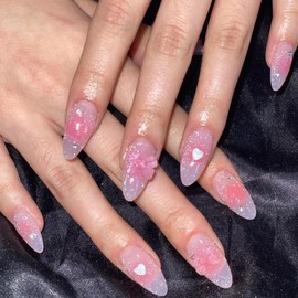 BABALAL Almond Press on Nails Medium Fake Nails Pink Ombre Glue on Nails 3d Bow Heart Acrylic Nails 24Pcs Stiletto Glitter Manicure Artificial Valentine 's Day False Nails for Women and Girls