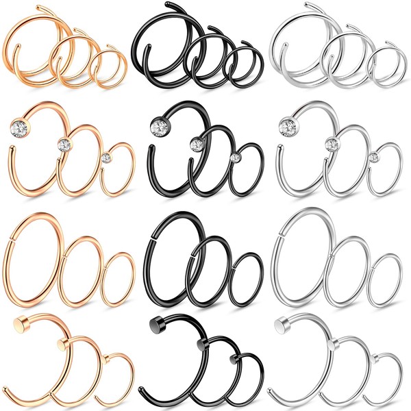 ONESING 36 Pcs 20G Nose Rings Hoops Nose Rings for Women Surgical Steel Double Nose Hoop Hypoallergenic Nose Piercings Jewelry for Women Men