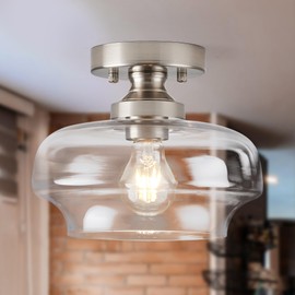 landskylite Brushed Nickel Semi-Flush Mount Ceiling Light, 9.5" 1-Light | Clear Glass Shade - Modern Lighting Fixture for Hallway, Bedroom, Kitchen
