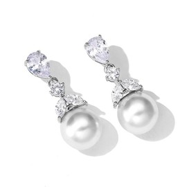 Jurika Pearl Drop Earrings Cubic Zirconia Crystals | Pearl Drop Bridal Earrings | Wedding Earrings for Brides, Bridesmaids | Gifts for Women