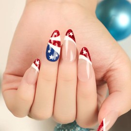 24Pcs Independence Day French Press on Nails, 4th of July Themed Medium Almond Fake Nails with Star Design, Full Coverage Acrylic Nail Set for Women Holiday Red Blue Manicure Supplies