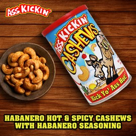ASSKICKIN' Roasted Hot & Spicy Cashews - Habanero Flavored Spicy Nuts – 6oz. Resealable Can - Perfect Spicy Snacks for Adults