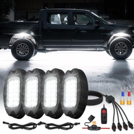 4Pods Metal Pure White LED Rock Lights Kit with Switch Wiring Harness, 6000K 24LEDs Neon Underglow Light Aluminum Waterproof Fender Lights for Trucks Trailer Jeep Off Road ATV UTV SUV