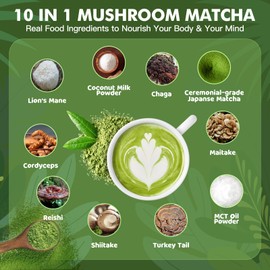 JUYIHEAL Mushroom Matcha 8 Oz | Japanese Ceremonial Matcha Infused with 7 Superfood Mushrooms, MCT Oil, Coconut Milk Powder | Energy, Focus, Digestion, Immunity (45 Servings)