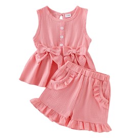 2T Girl Clothes Toddler Baby Summer Outfits Cute Bow Sleeveless Top and Ruffle Shorts 2pc Set Pink 2-3 Years Old