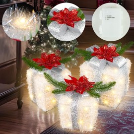 Caxchiling Christmas Light Up Gift Boxes 3 Pack Lighted White Present Boxes with 50 Led Indoor Light Up Gift Boxes for Home Yard Porch Party Holiday
