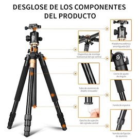 NOVAKA Trípode para Cámara de Aluminio, Eje Central Horizontal 90° y Rotación 360°, Cabeza de Bola con Nivel, Soporta 8kg, Altura Ajustable para DSLR, Micro Single
