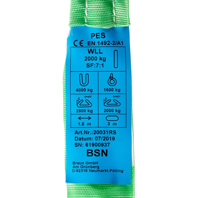 Braun 20011RS round sling, 2000 kg load capacity., 3 m