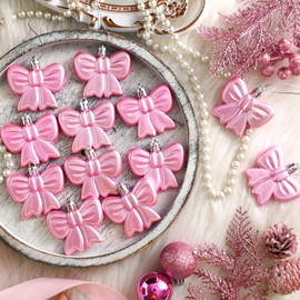 Lunmon 24 Pcs Christmas Pink Bow Hanging Ornaments 3D Coquette Bow Tree Decorations 2.8 Inches Pink Plastic Bowknot Hanging Decors with Rope for Xmas Tree Coquette Bachelorette Party Decor(Bowknot)