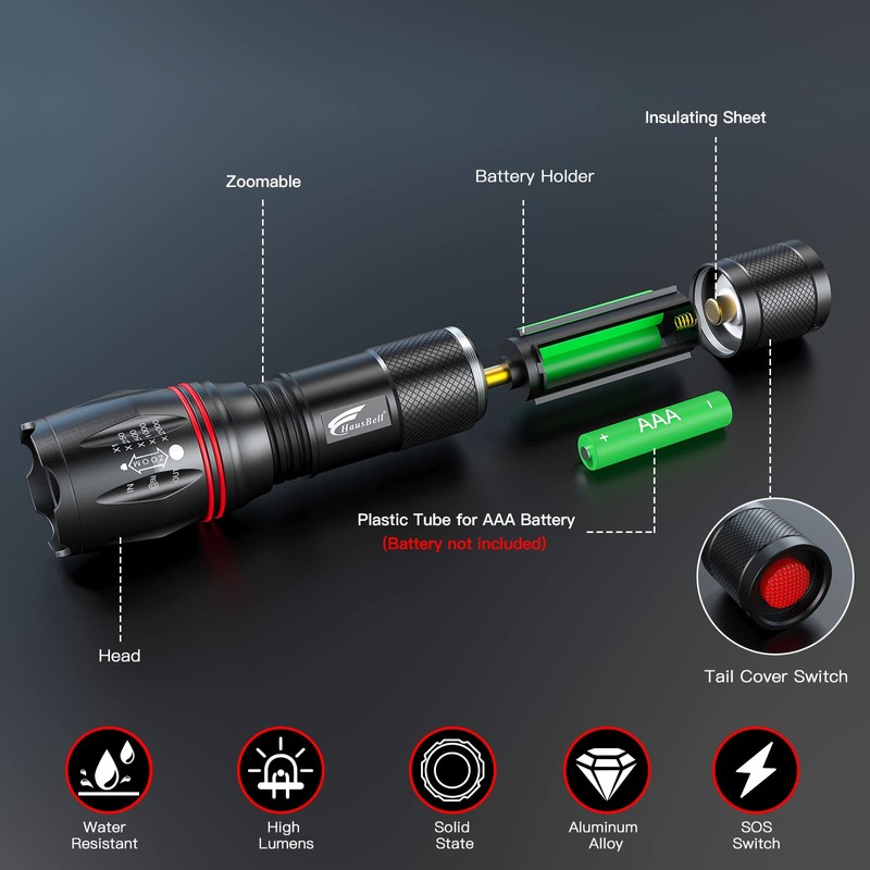 HAUSBELL A100 LED EDC Flashlights High Lumens,Bright, Zoomable, Waterproof, Powerful,