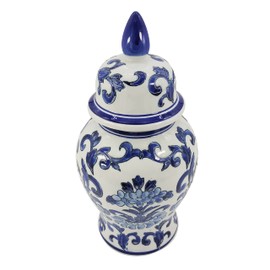 Galt International 14" Blue and White Flower & Petals Ceramic Porcelain Ginger Jar Floral Home Décor Jar Urn Shape Vase