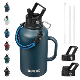BJPKPK Half Gallon Insulated Water Bottles with Straw Lid & Side Handle, 50oz, 64oz, 87oz, 128oz Large, Stainless Steel Water Bottles with 3 Lids and Paracord Strap, Metal Water Jug,Navy Blue