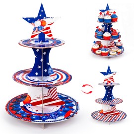 Patriotic Cupcake Stand,3 Tier July 4th Party Decorations,Red and Blue Star Theme Cupcake Holder,Dessert Decorations Stand for May Day,Memorial Day,Flag Day,Juneteenth,Independence Day,4th of July Party Supplies