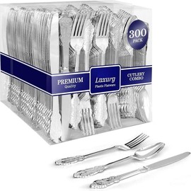 300 Pcs Silver Plastic Silverware Set- 100/Forks, Spoons Knives, Heavy Duty Disposable Utensils  Cutlery Dinner Party silver utensils plastic flatware - Color: Silver 300Pcs