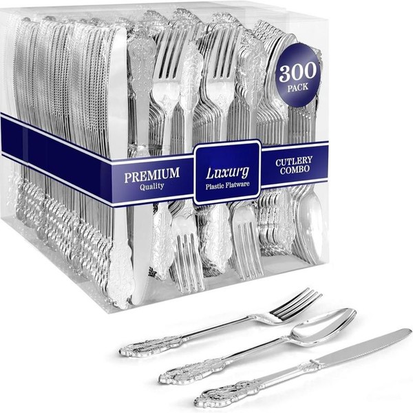 300 Pcs Silver Plastic Silverware Set- 100/Forks, Spoons Knives, Heavy