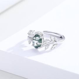ECHOOY Moss Agate Rings 925 Sterling Silver Cubic Zirconia Green Leaf Ring Green Moss Agate Jewelry Gift for Women Mother Girls Wife Girlfriend