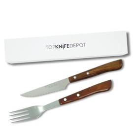 Ecowood Steak Knife & Fork Sets – Serrated Blade – Composite Wood Handle - Country-style cutlery for BBQ Celebrations - Set of 1 Knife & 1 Fork - Made in Spain