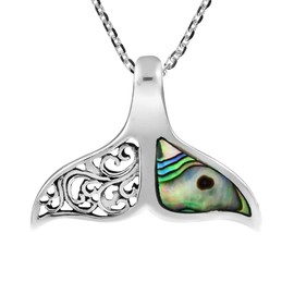 AeraVida Ethereal Whale Tail Abalone Shell Inlay .925 Sterling Silver Pendant Necklace | Ocean-Inspired Jewelry for Women | Beach Fashion Accessories