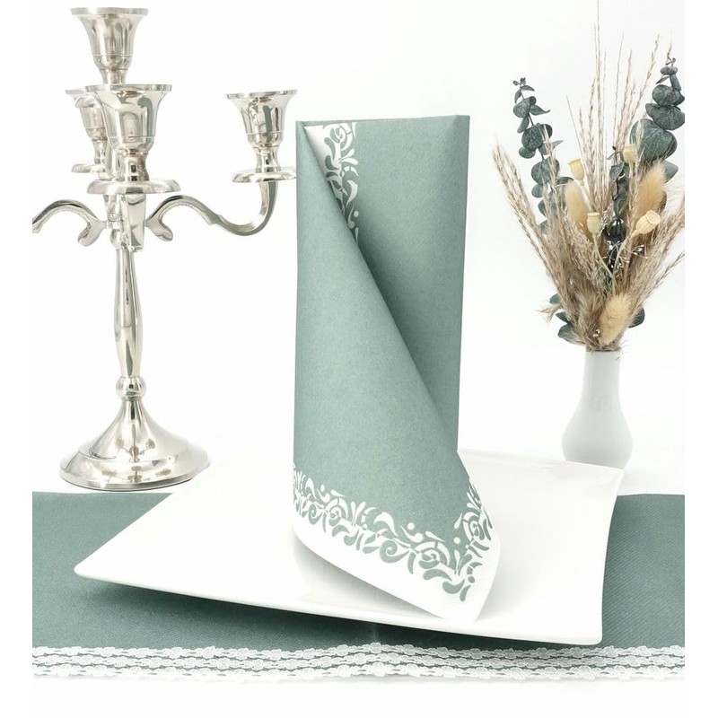 50 Serviettes Fabric-Like – Romantic; Colour: Eucalyptus Green, Size: 40