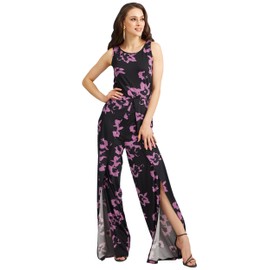 KOH KOH Womens Floral Print Sleeveless Wide Leg One Piece Romper Playsuit Jumper, Black & Purple, X-Large
