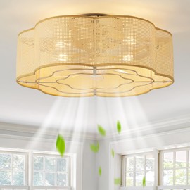 Glmthux Caged Ceiling Fan with Lights, Flush Mount 20" Boho Ceiling Fans with Lights Remote Control, Low Profile Rattan Bladeless with 6 Speeds for Bedroom, Nursery, Kitchen