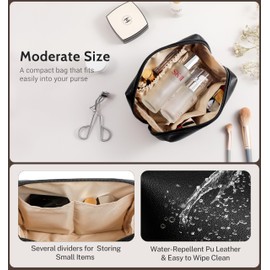 Aveniee Travel Makeup Bag Small, Vegan Leather Pouches Cosmetic Case for Women, Cute Make Up Bag Organizer for Purse, Toiletry Bag for Travel Car Accessories with Divider & Gold Zippers (Black)