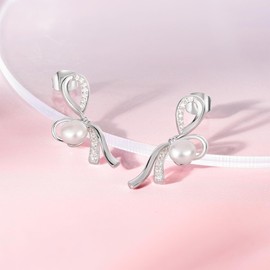 Pearl Earrings 18CT 750 Yellow Gold Sterling Silver Freshwater Pearl Stud Earrings Tiny Pearl Studs 8mm with Box for Women Lady Rose Sun Round Ginkgo Heart Butterfly Pink White (Butterfly Knot)