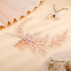 Teyglen Dainty Gold Rhinestones Crystal Bride Wedding Hair Comb Headband Hair Accessories with Rhinestones Crystals Bridal Side Hair Combs for Women Bride Girls (Rose Gold)