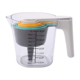 Measuring Cup Set - 9 Pieces - Nested Design - Multiple Components - Angled Surface - Minimal Storage Space - Measures Multiple Components - Read Measures from Above. 1L Cup, 1 Scraper, 6 Spoons